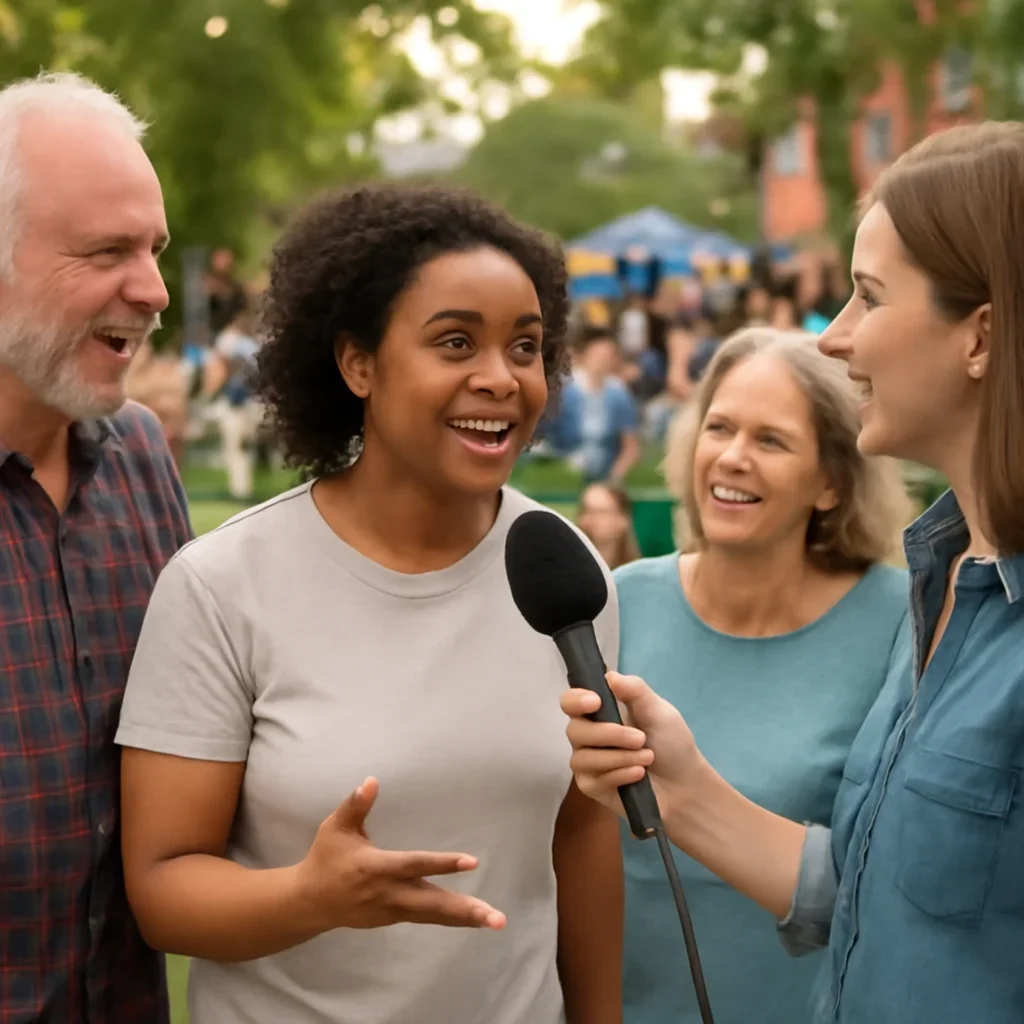 Residents speaking with a reporter at a community gathering
