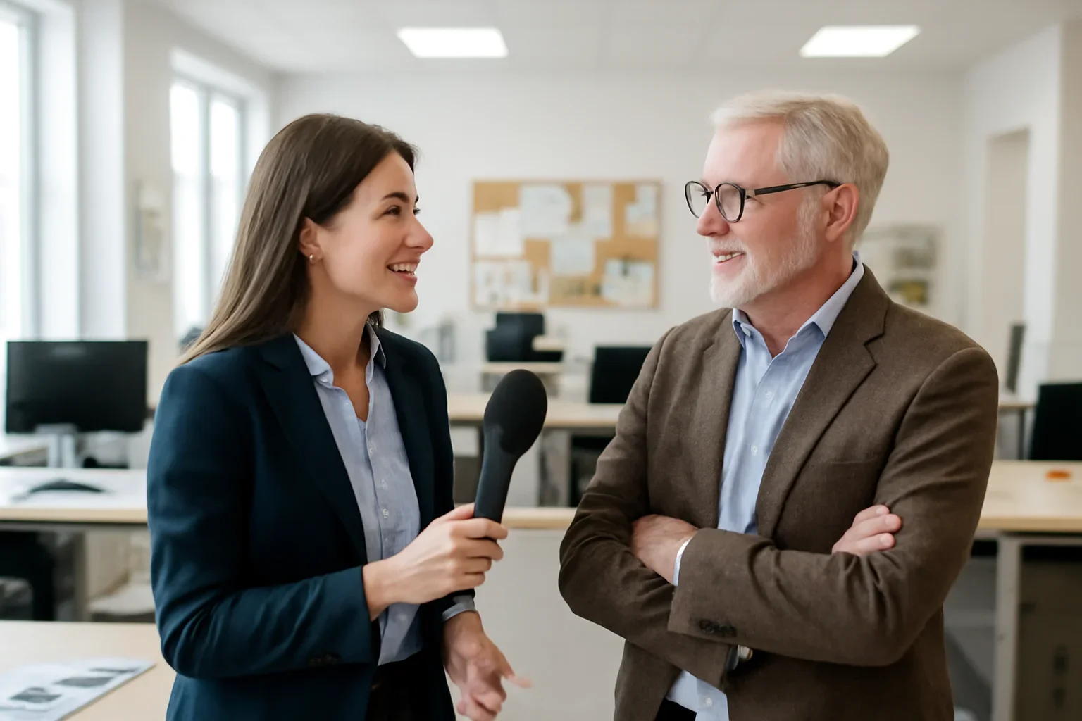 Reporter and editor talking in a bright local newsroom