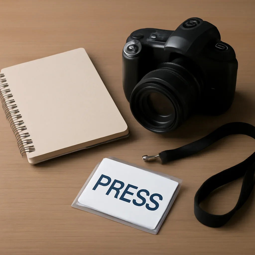 Notebook, camera, and press pass arranged on a newsroom desk