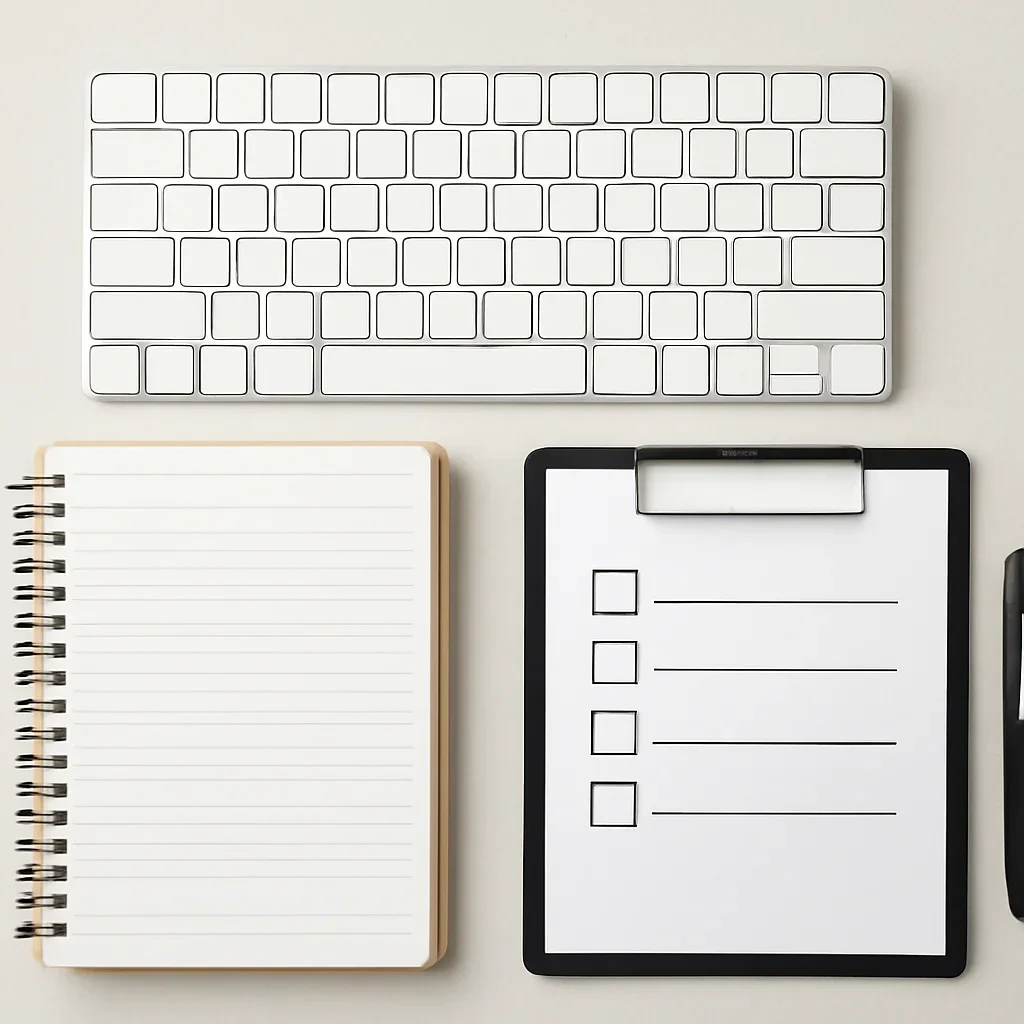 Notebook, keyboard, and checklist used for reviewing requests