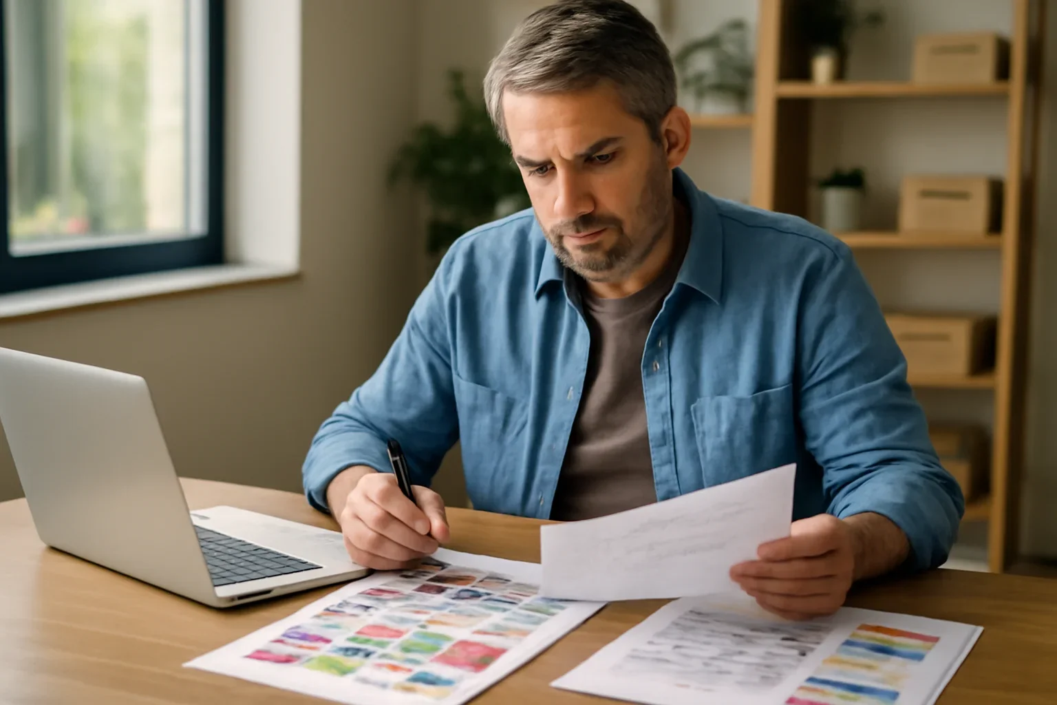 Local business owner reviewing ad layouts and campaign notes at a desk