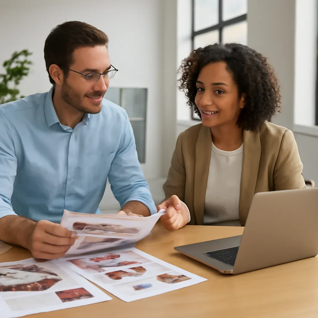 Team discussing a print and digital promotion plan in a bright office