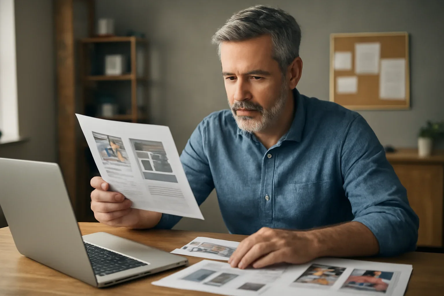 Local business owner reviewing ad layouts and campaign notes at a desk