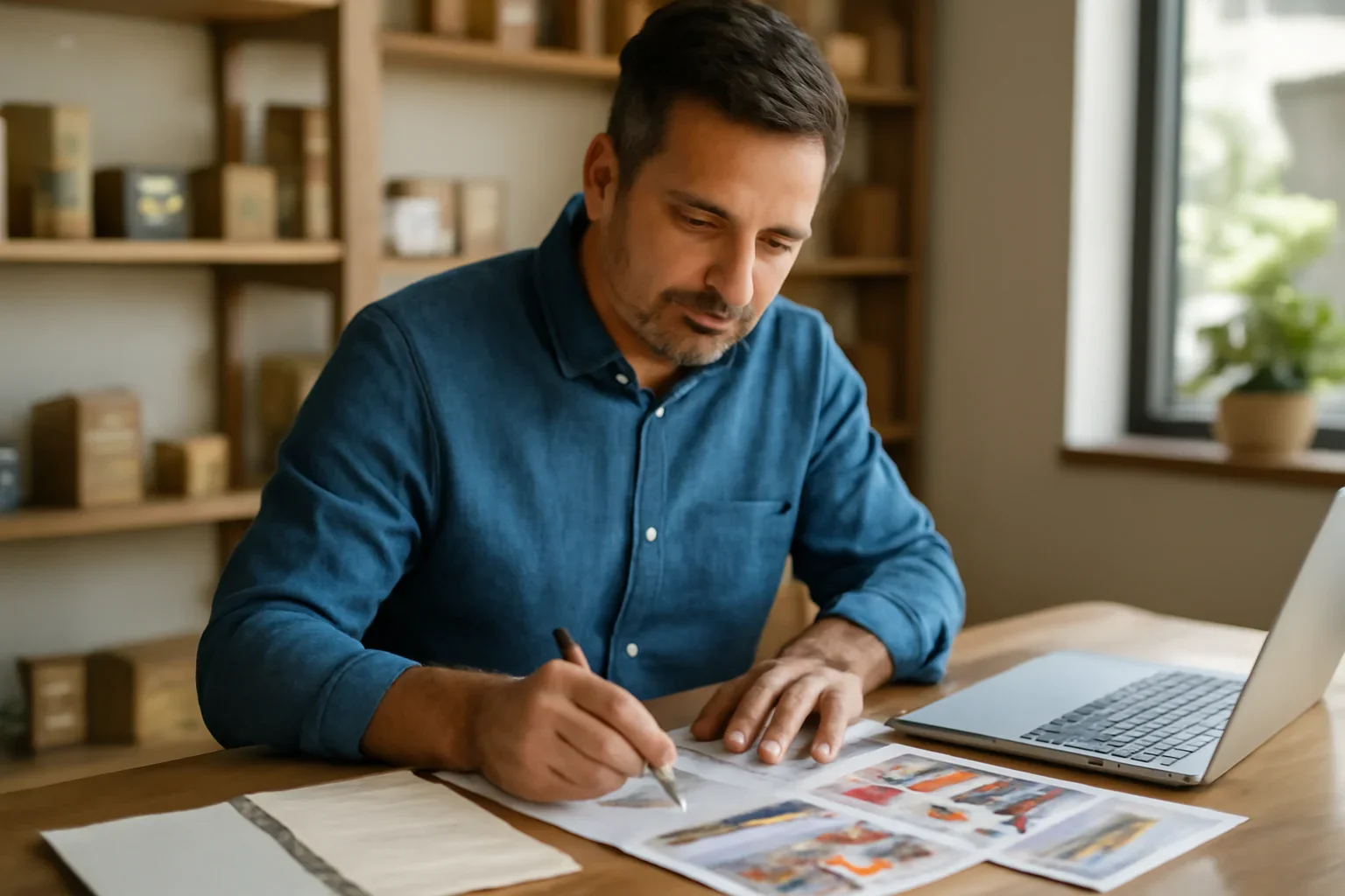 Local business owner reviewing ad layouts and campaign notes at a desk
