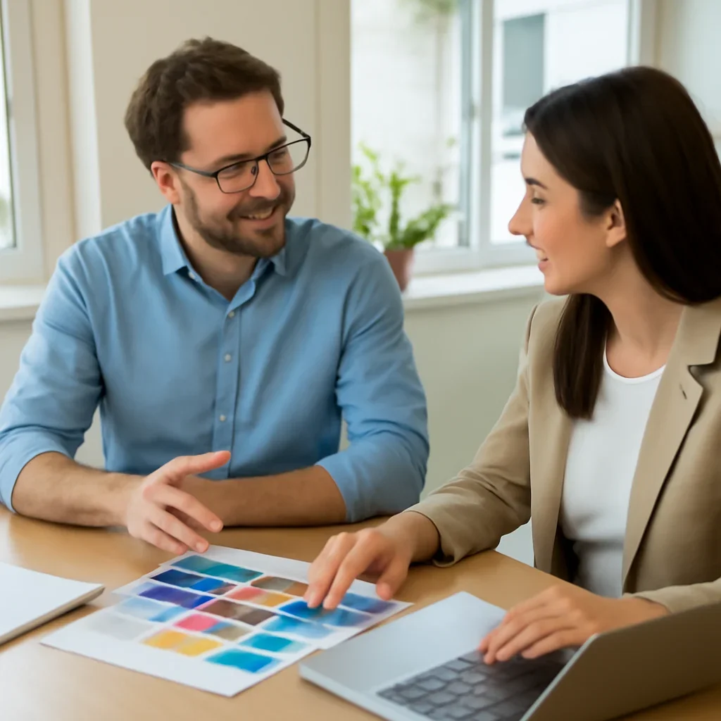 Team discussing a print and digital promotion plan in a bright office