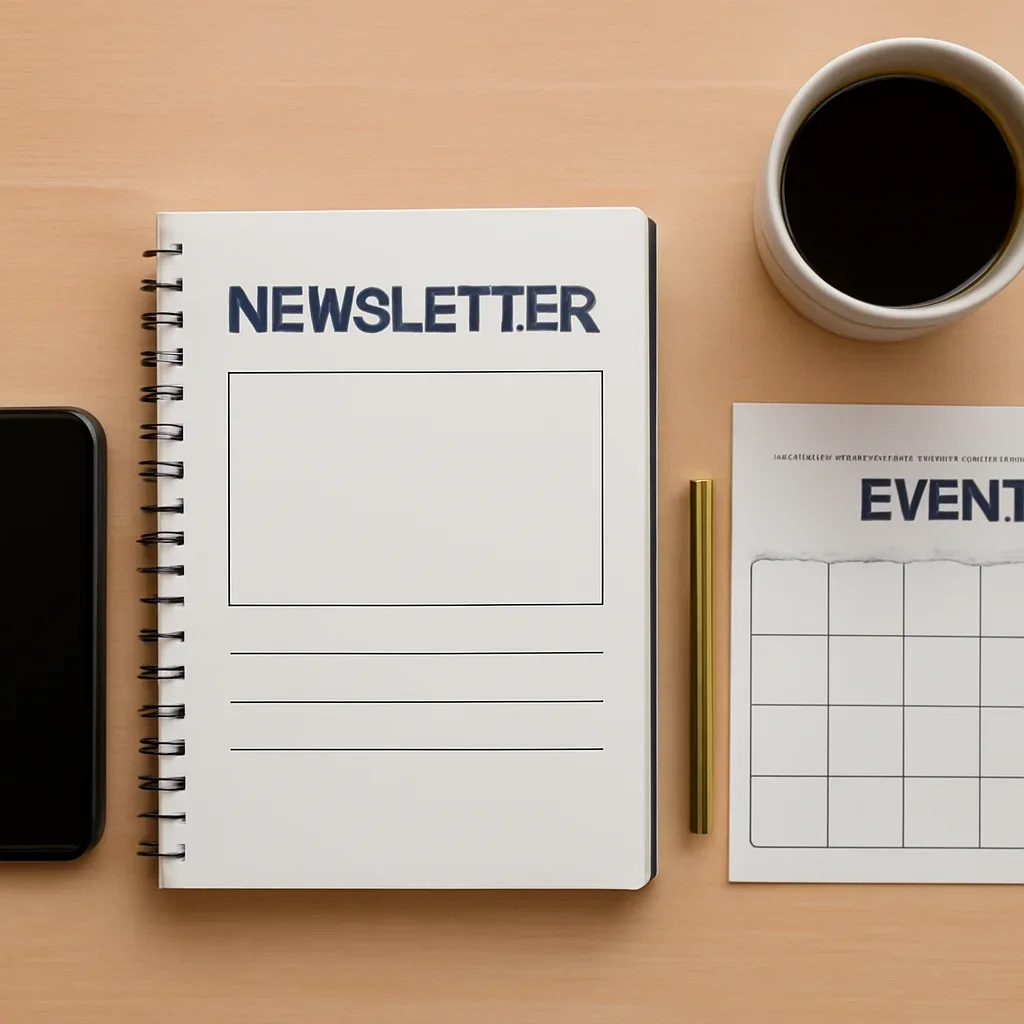 Newsletter signup and event reminder planning on a desk