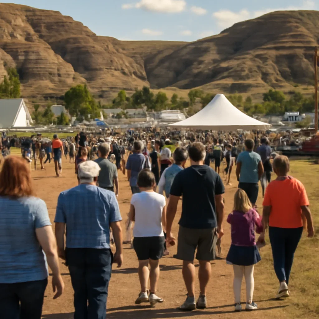Crowd arriving at a small-town outdoor event in the badlands