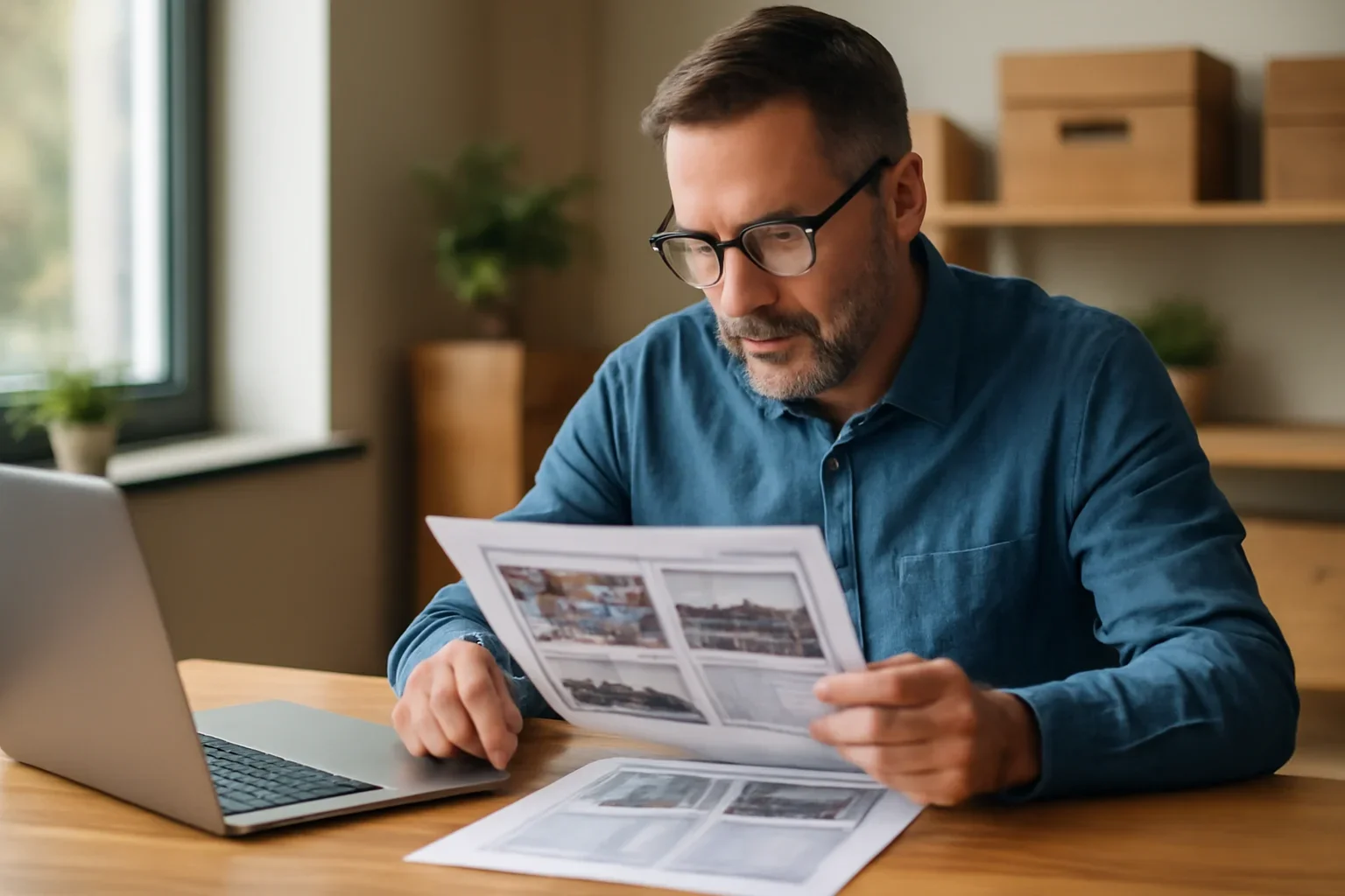 Local business owner reviewing ad layouts and campaign notes at a desk