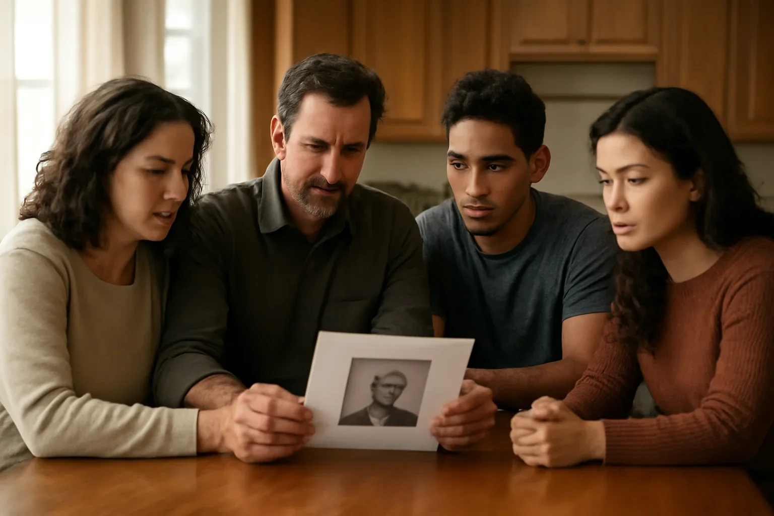 Family reviewing a memorial notice draft together at a kitchen table