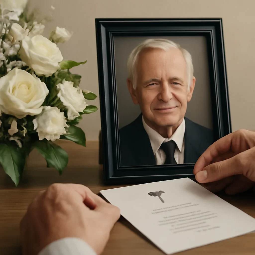 Close-up of hands arranging a framed portrait and service details
