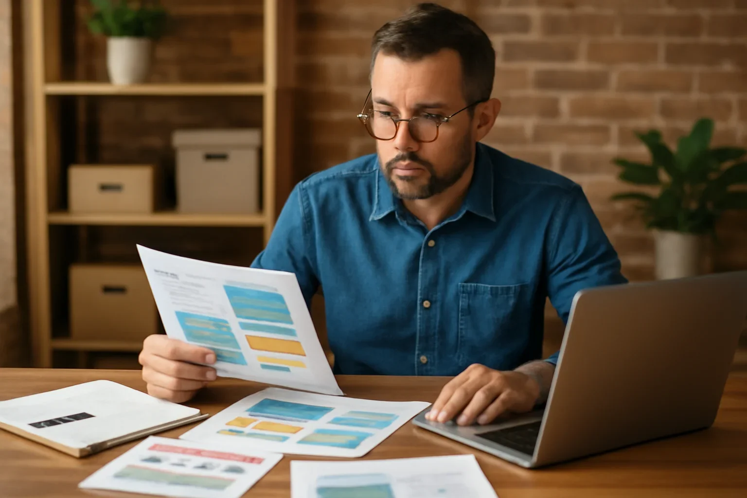 Local business owner reviewing ad layouts and campaign notes at a desk
