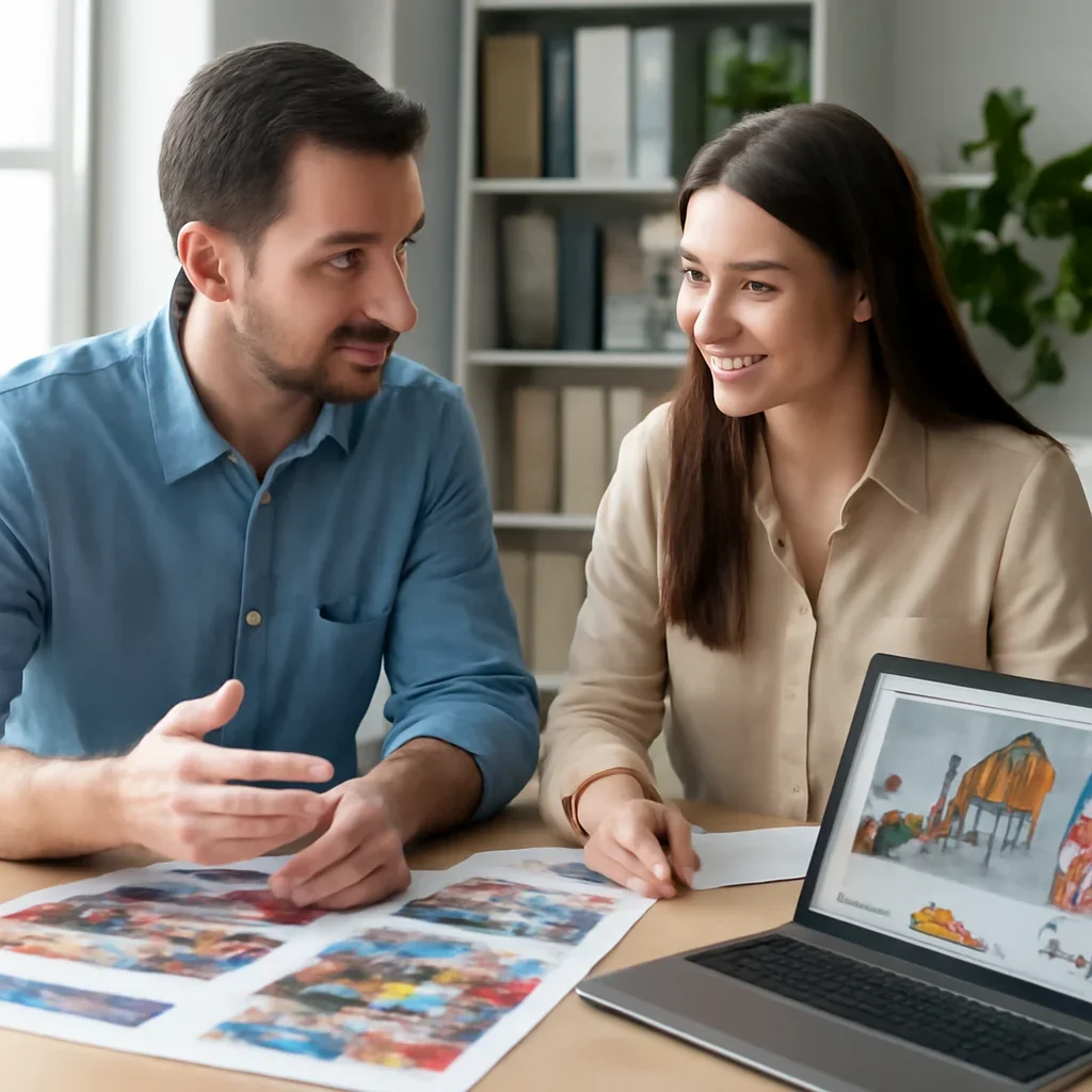 Team discussing a print and digital promotion plan in a bright office
