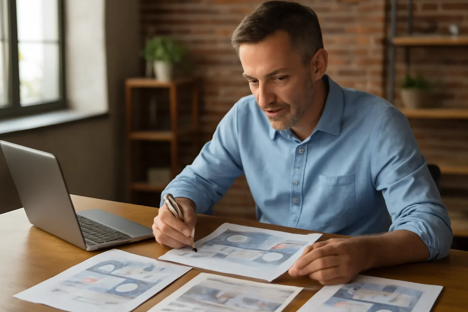 Local business owner reviewing ad layouts and campaign notes at a desk