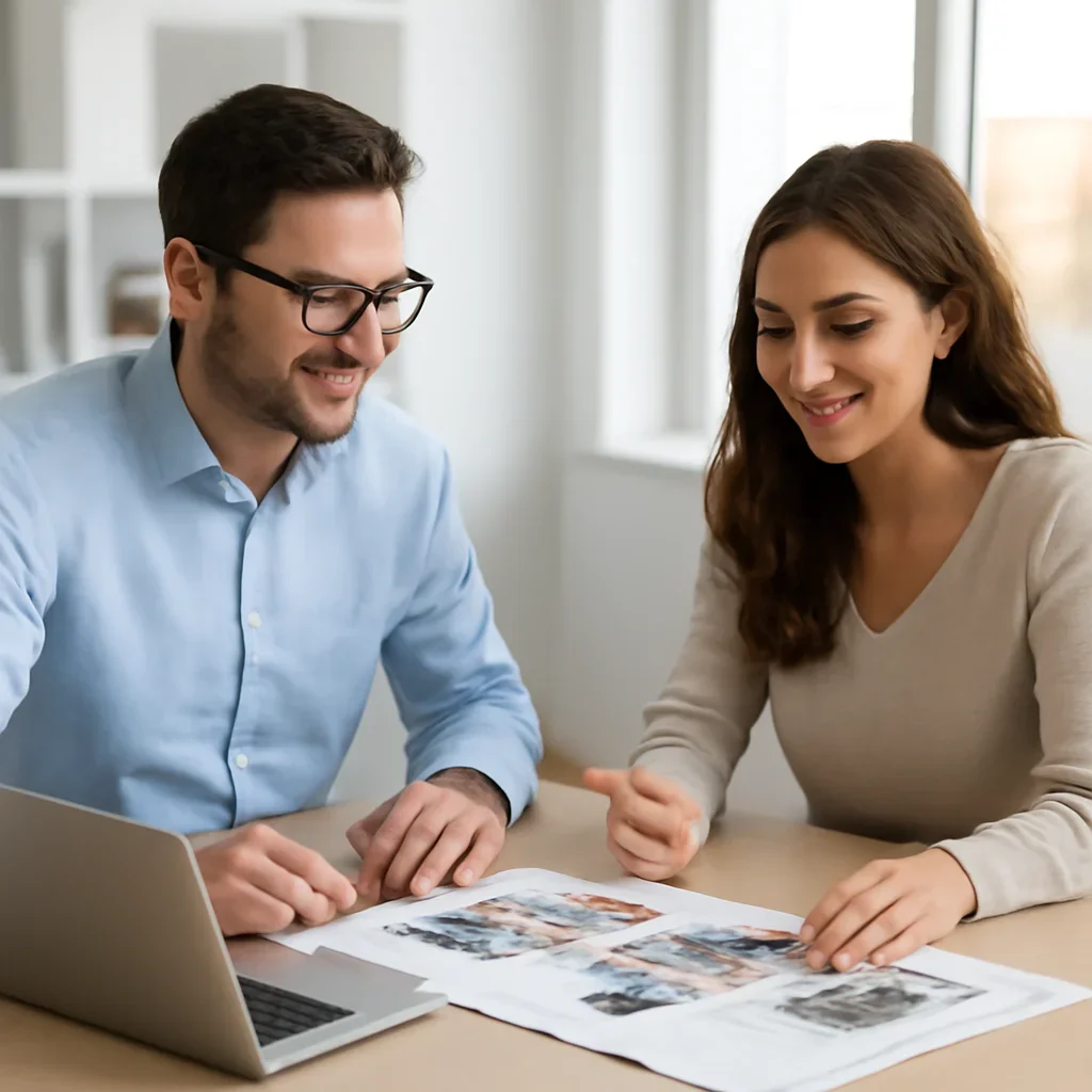 Team discussing a print and digital promotion plan in a bright office