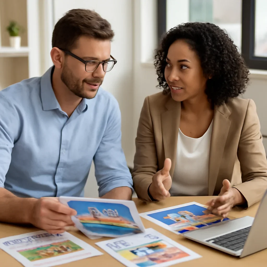 Team discussing a print and digital promotion plan in a bright office