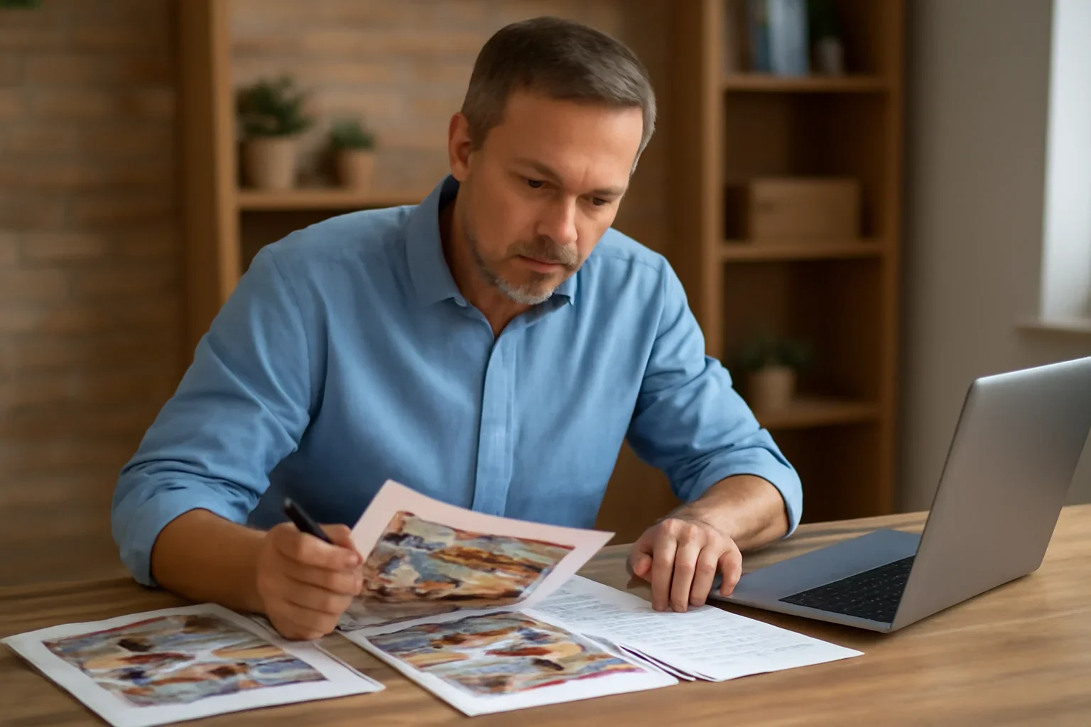 Local business owner reviewing ad layouts and campaign notes at a desk