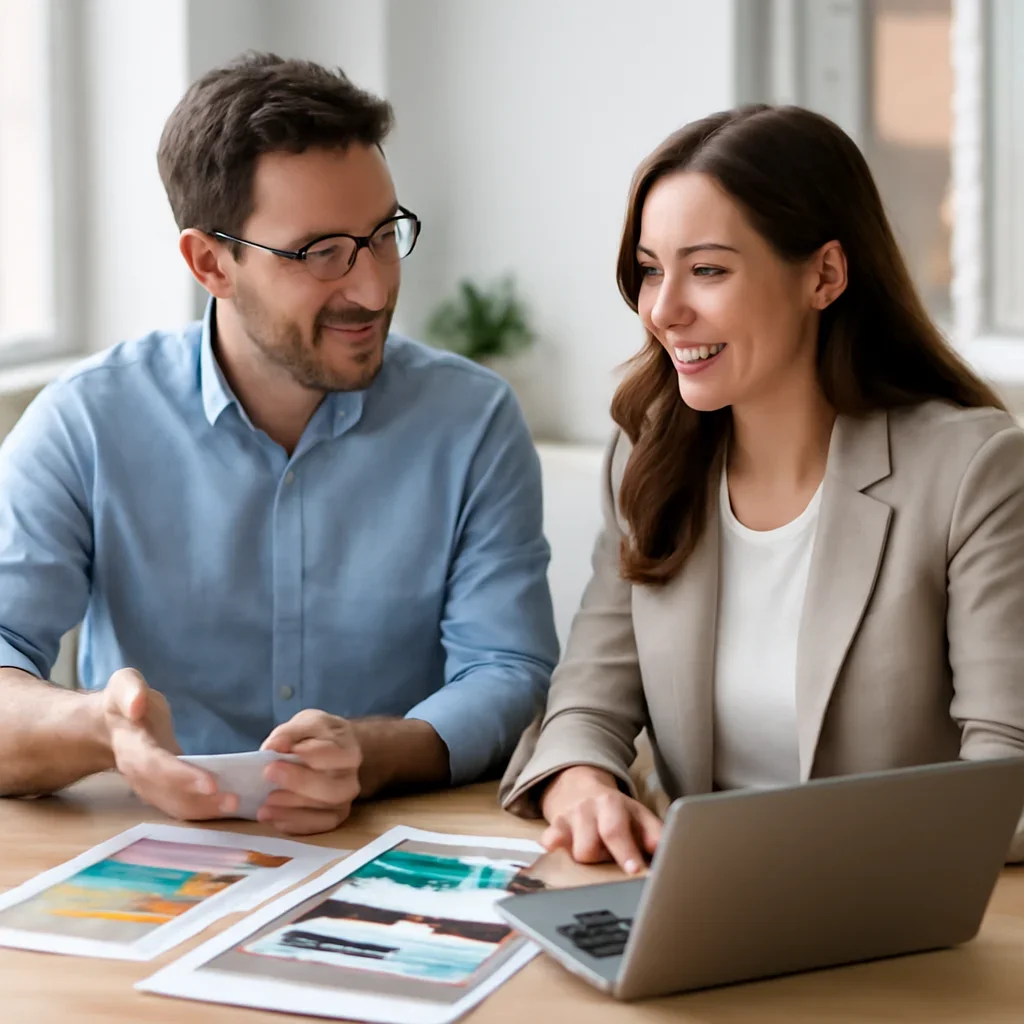 Team discussing a print and digital promotion plan in a bright office