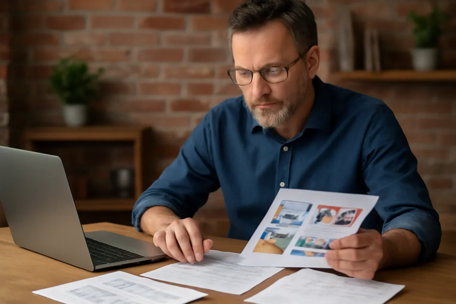 Local business owner reviewing ad layouts and campaign notes at a desk