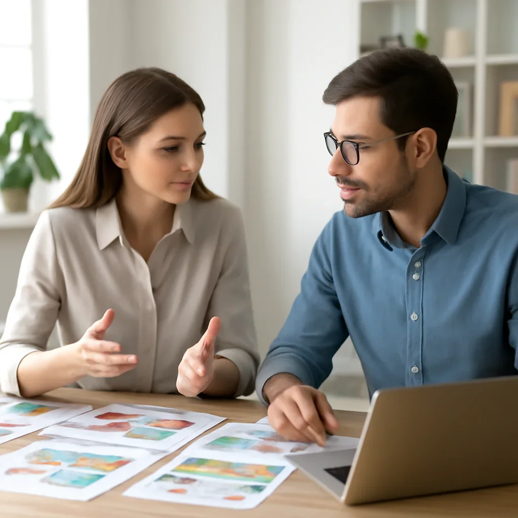Team discussing a print and digital promotion plan in a bright office