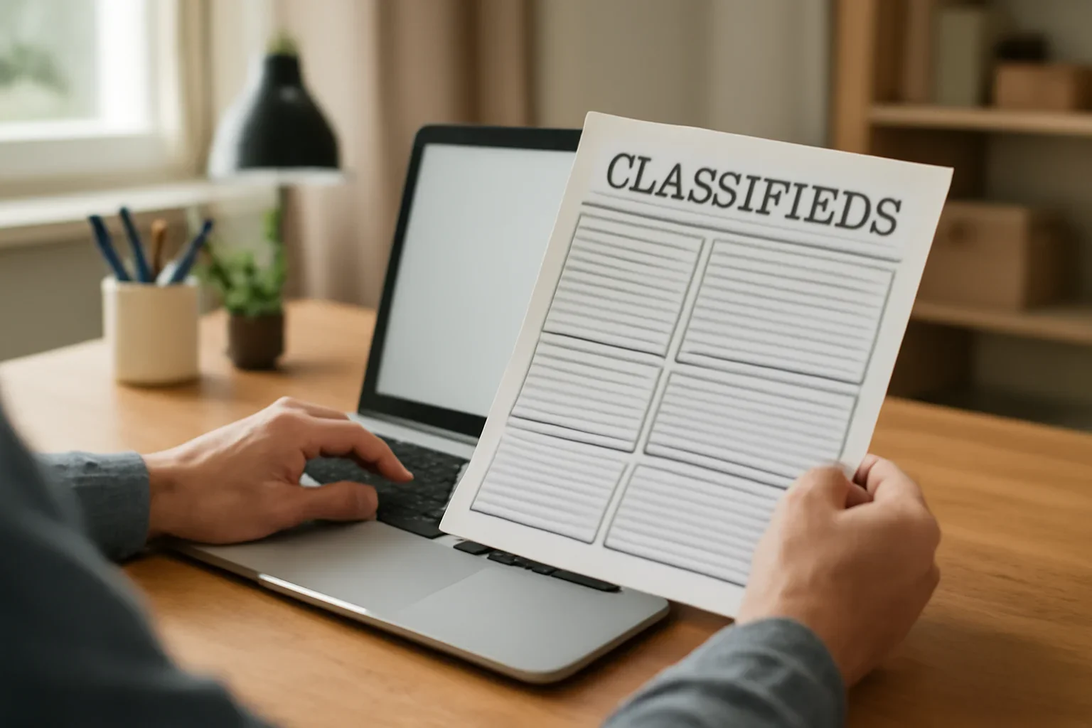 Seller posting a neatly written local classified listing from a laptop