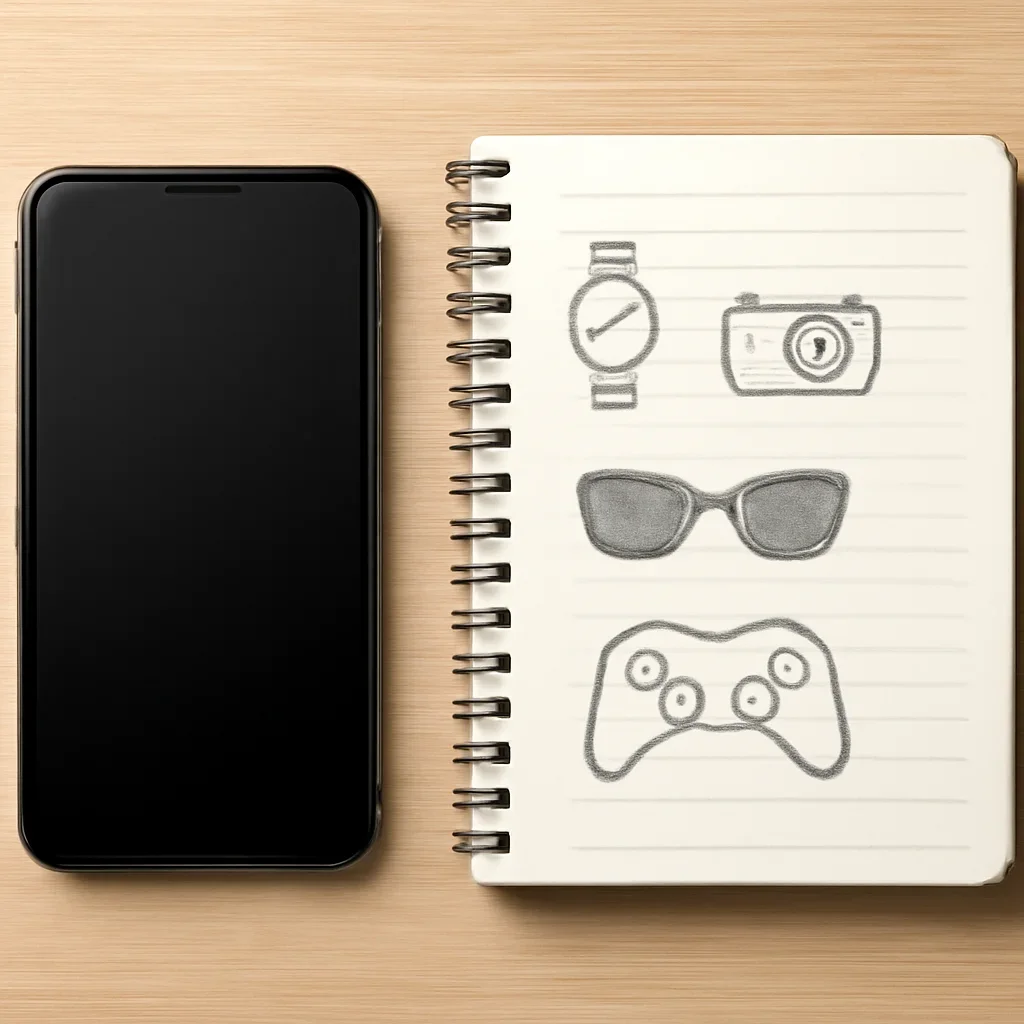 Phone screen and notebook with item details ready for a classified ad