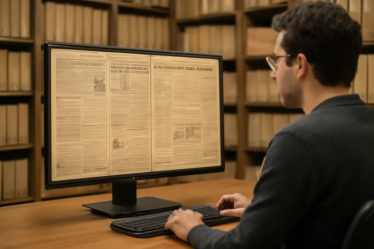 Researcher browsing historic newspaper pages on a desktop screen