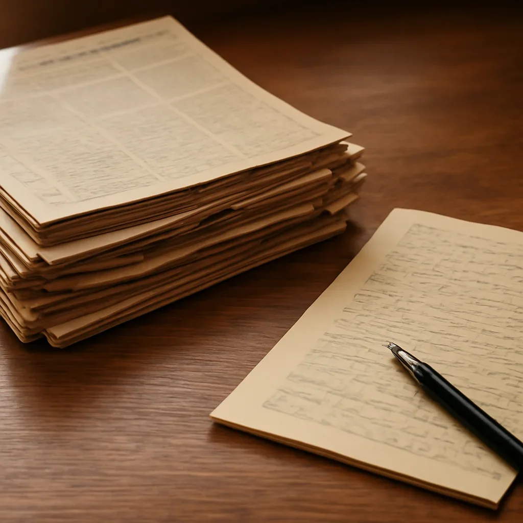 Stack of past newspaper issues and handwritten notes on a desk