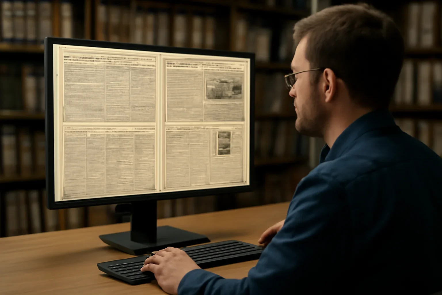 Researcher browsing historic newspaper pages on a desktop screen