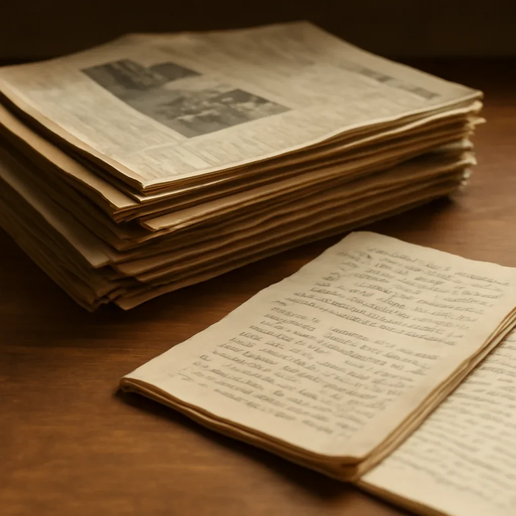 Stack of past newspaper issues and handwritten notes on a desk