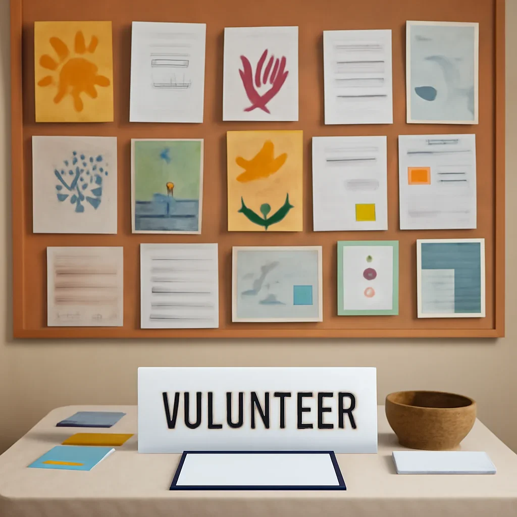 Volunteer table, posters, or community board filled with local notices