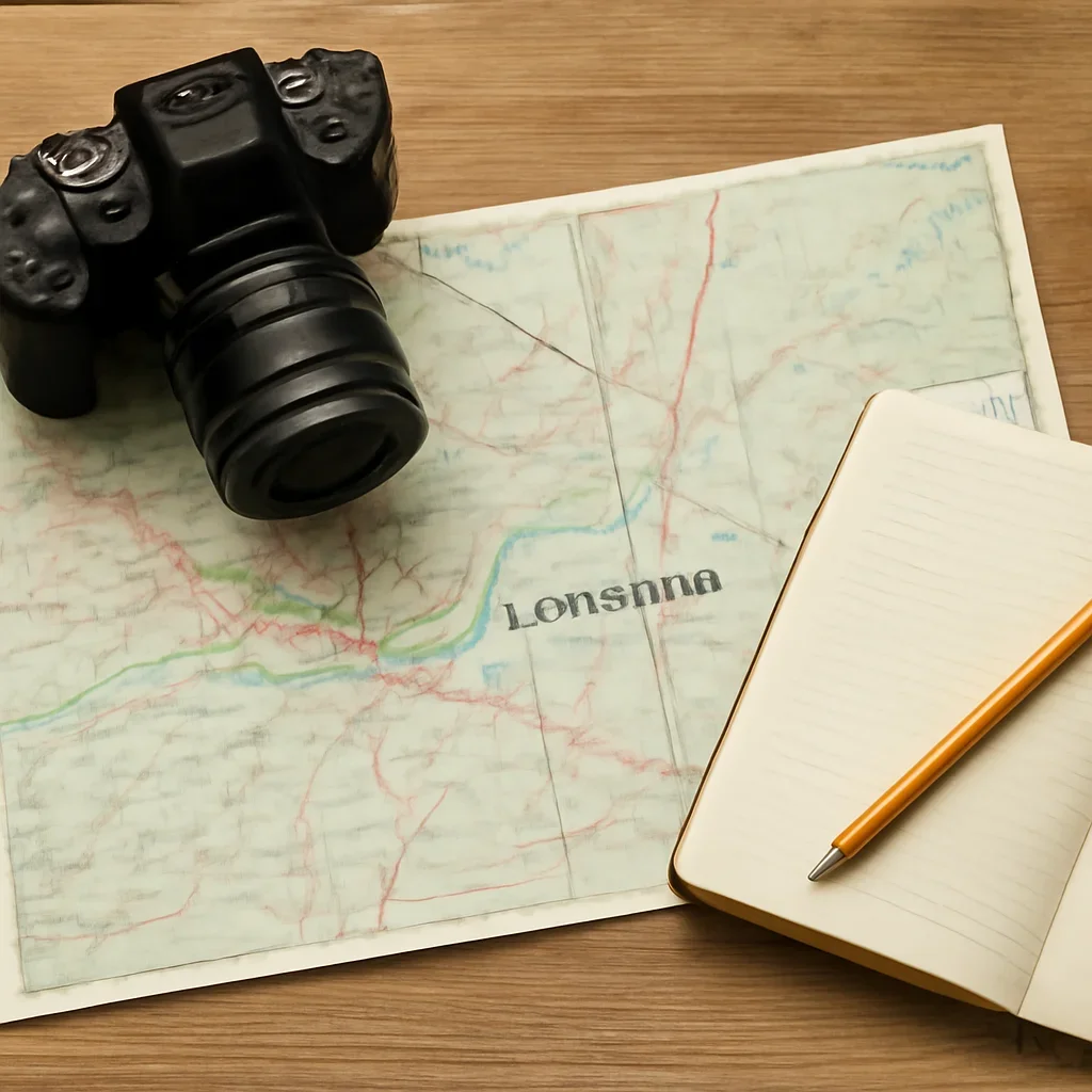 Map, camera, and local guide notes laid out for a Drumheller day trip