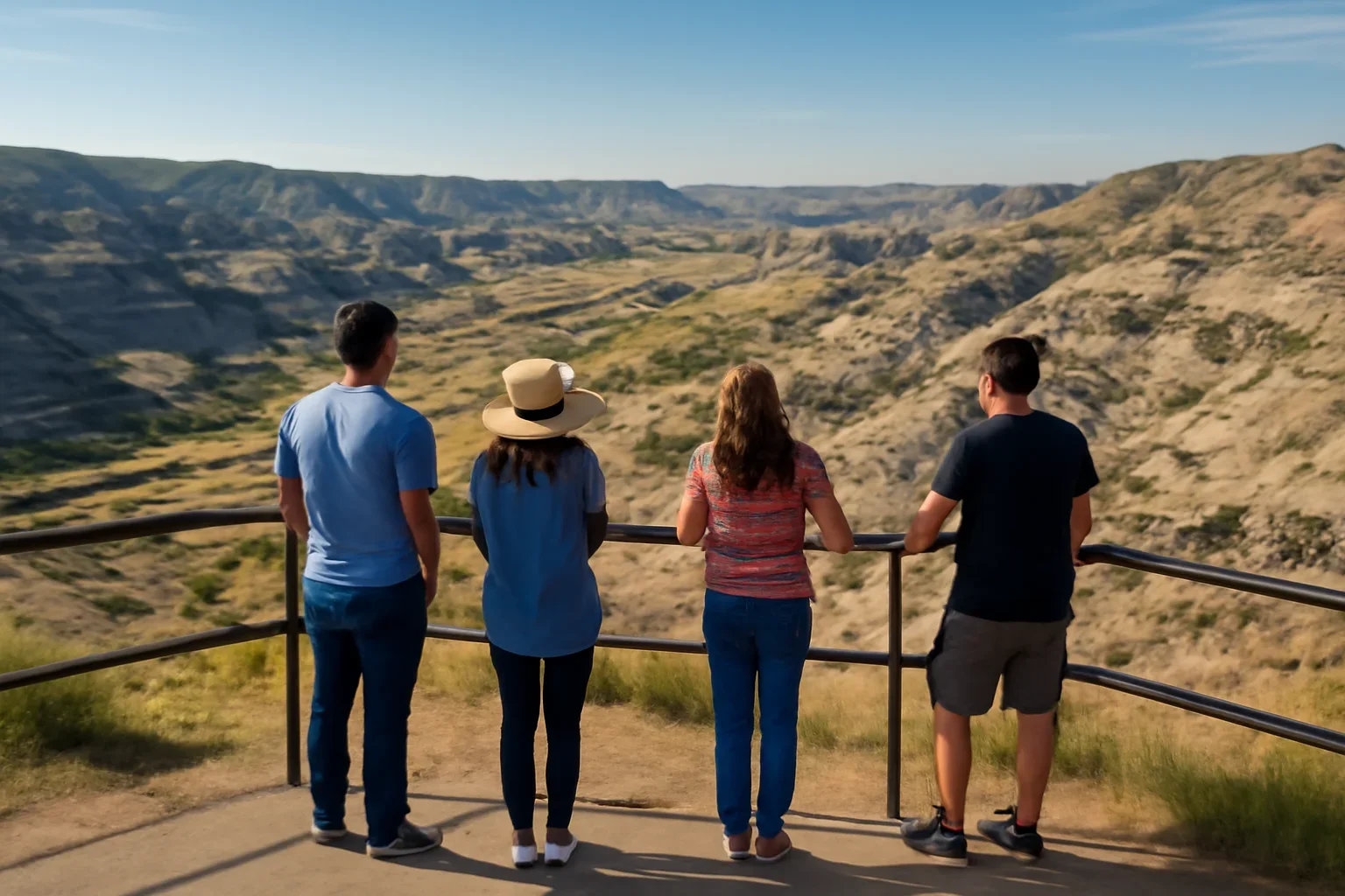 Visitors looking out over the Drumheller badlands from a scenic viewpoint