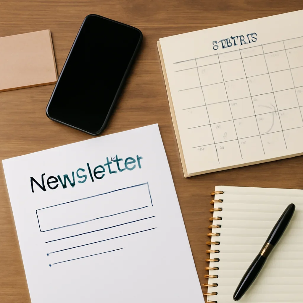 Newsletter signup and event reminder planning on a desk