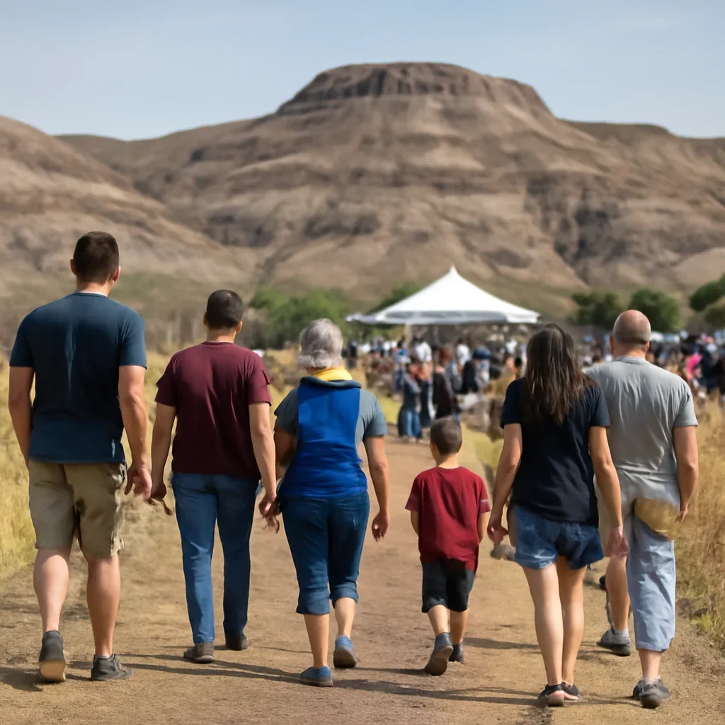 Crowd arriving at a small-town outdoor event in the badlands