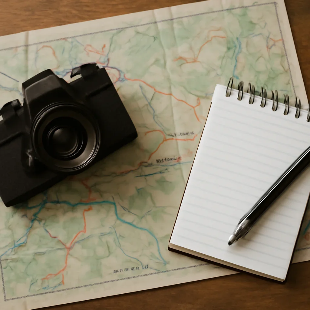 Map, camera, and local guide notes laid out for a Drumheller day trip