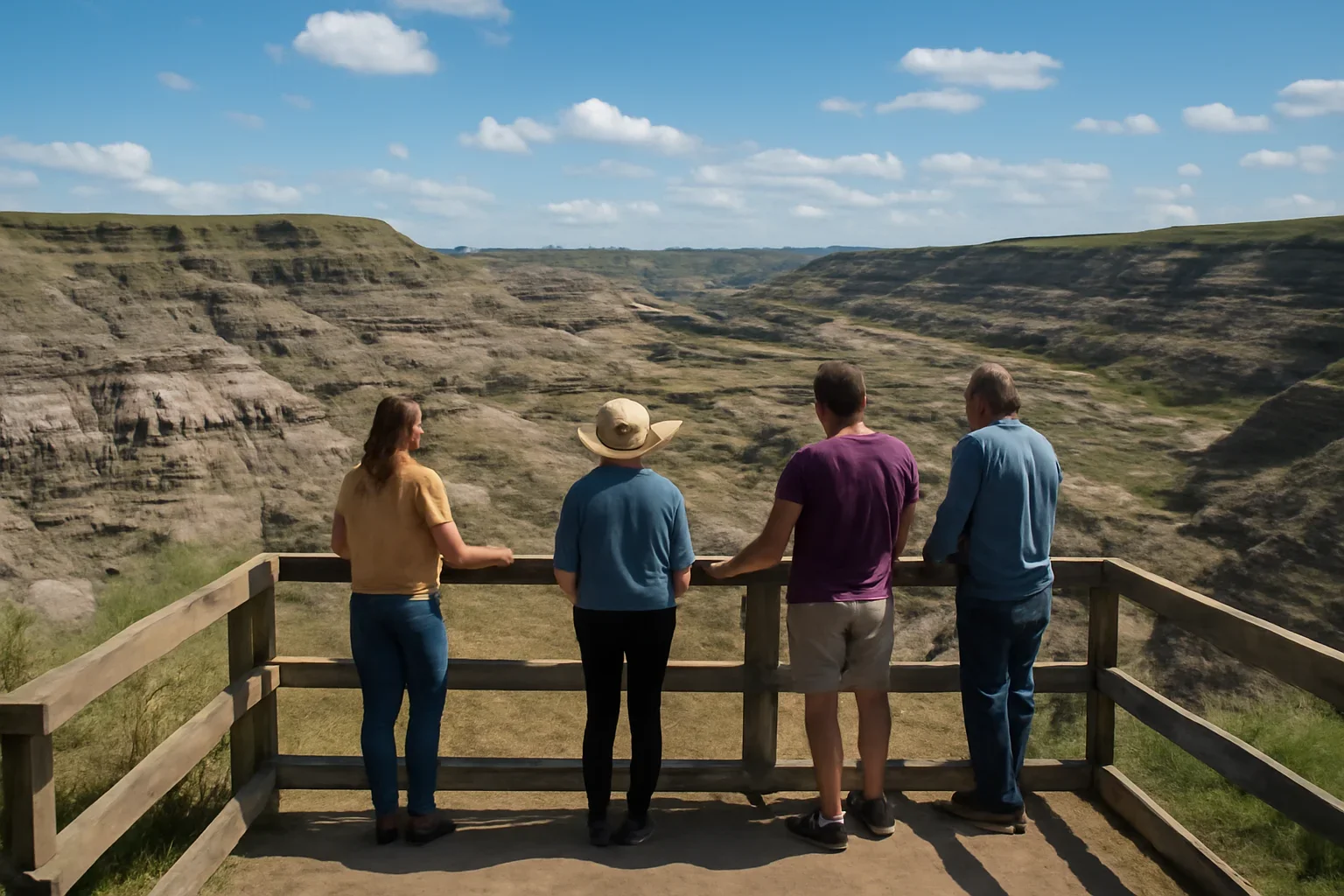 Visitors looking out over the Drumheller badlands from a scenic viewpoint