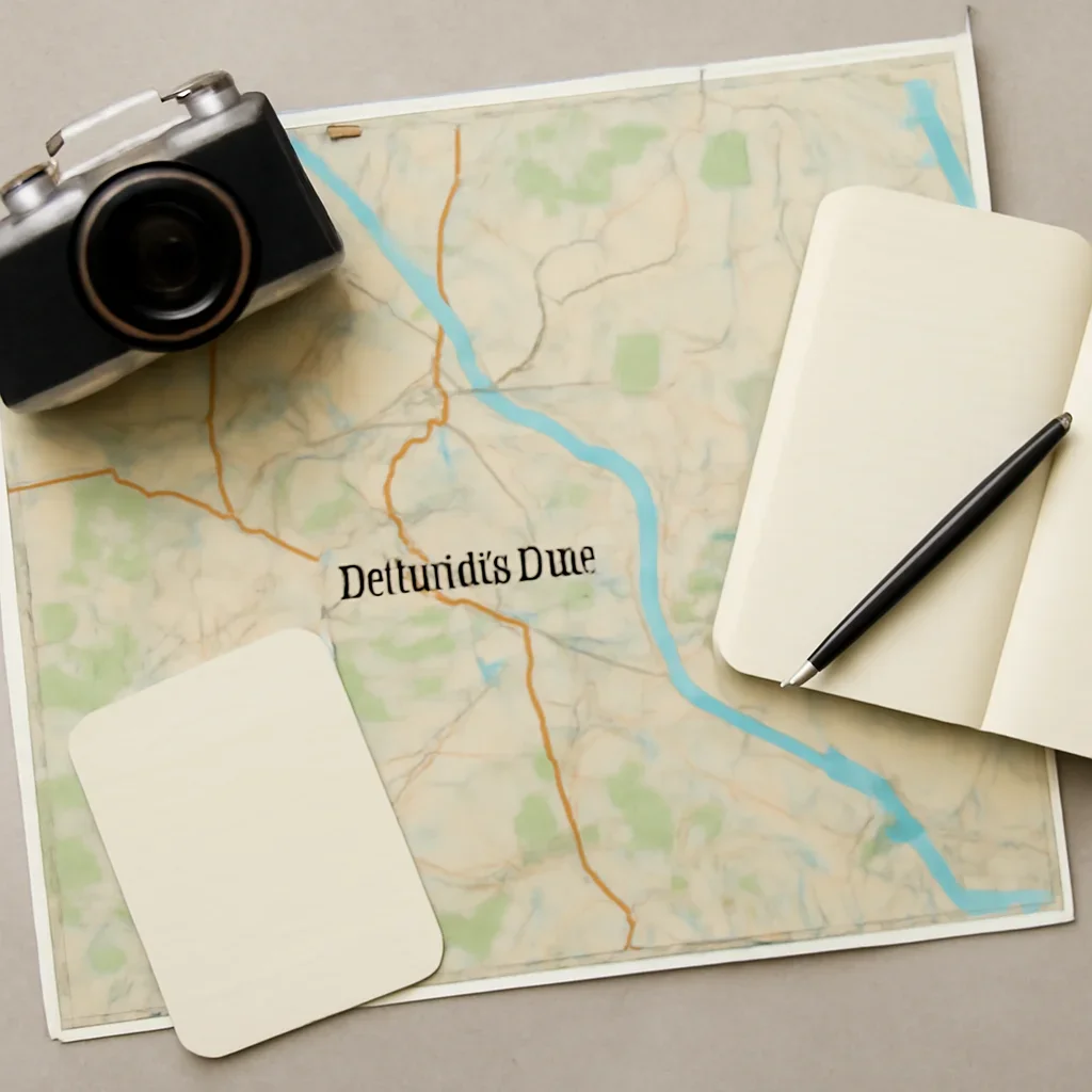 Map, camera, and local guide notes laid out for a Drumheller day trip