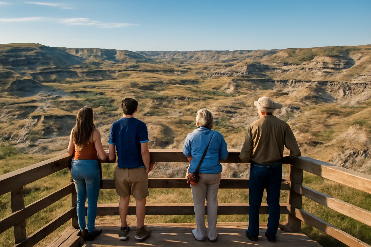Visitors looking out over the Drumheller badlands from a scenic viewpoint