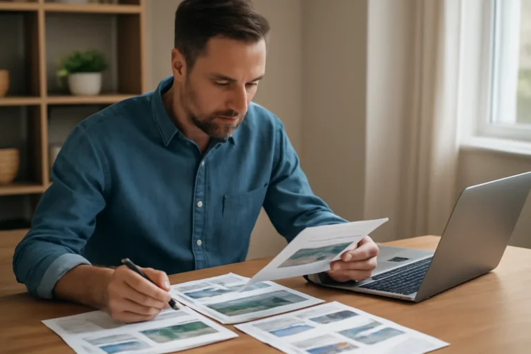 Local business owner reviewing ad layouts and campaign notes at a desk