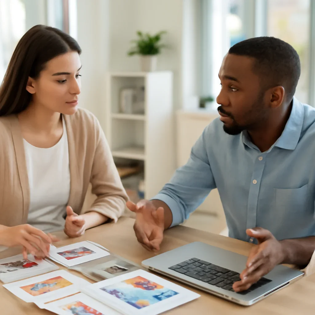 Team discussing a print and digital promotion plan in a bright office