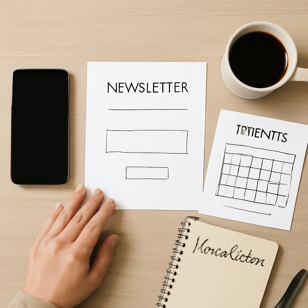 Newsletter signup and event reminder planning on a desk