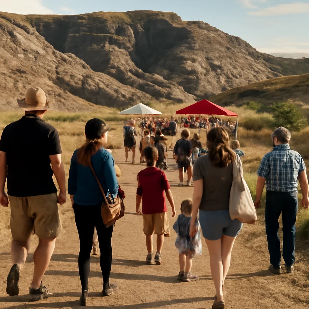 Crowd arriving at a small-town outdoor event in the badlands