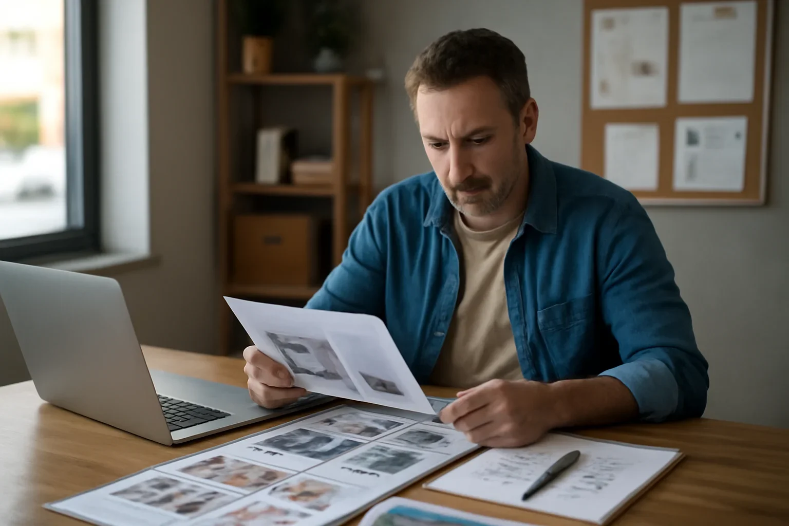 Local business owner reviewing ad layouts and campaign notes at a desk