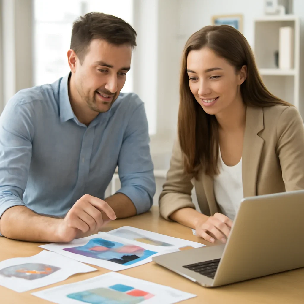 Team discussing a print and digital promotion plan in a bright office