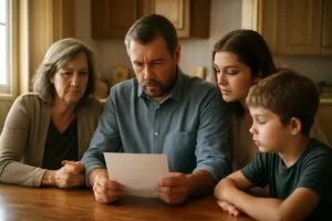 Family reviewing a memorial notice draft together at a kitchen table