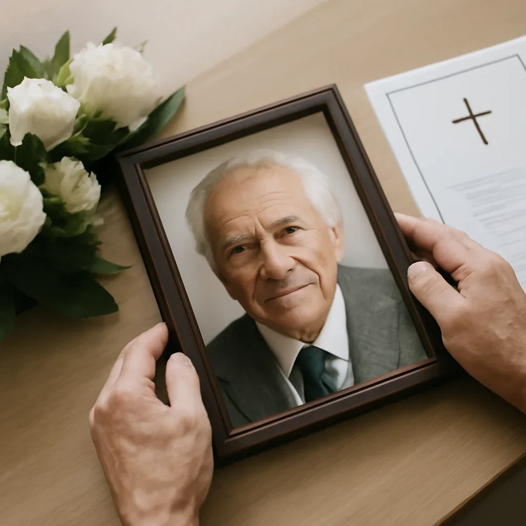 Close-up of hands arranging a framed portrait and service details