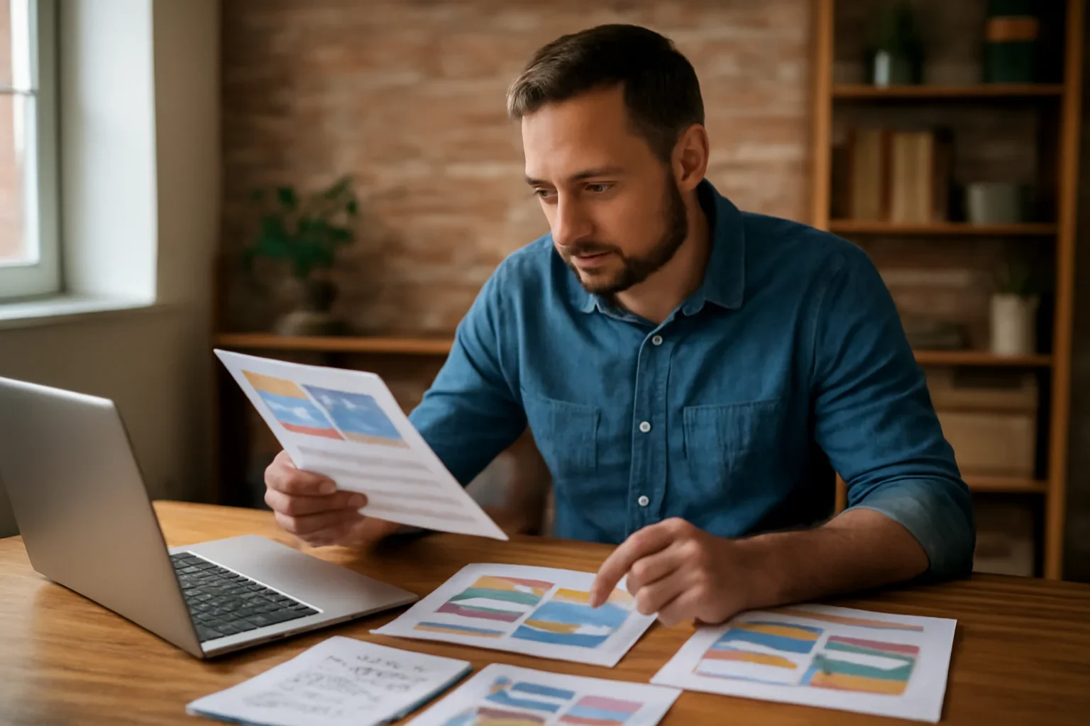 Local business owner reviewing ad layouts and campaign notes at a desk