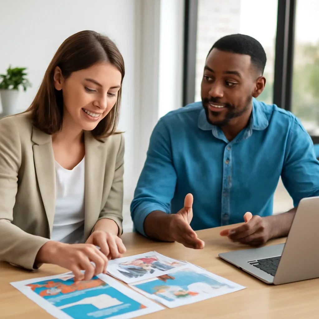 Team discussing a print and digital promotion plan in a bright office