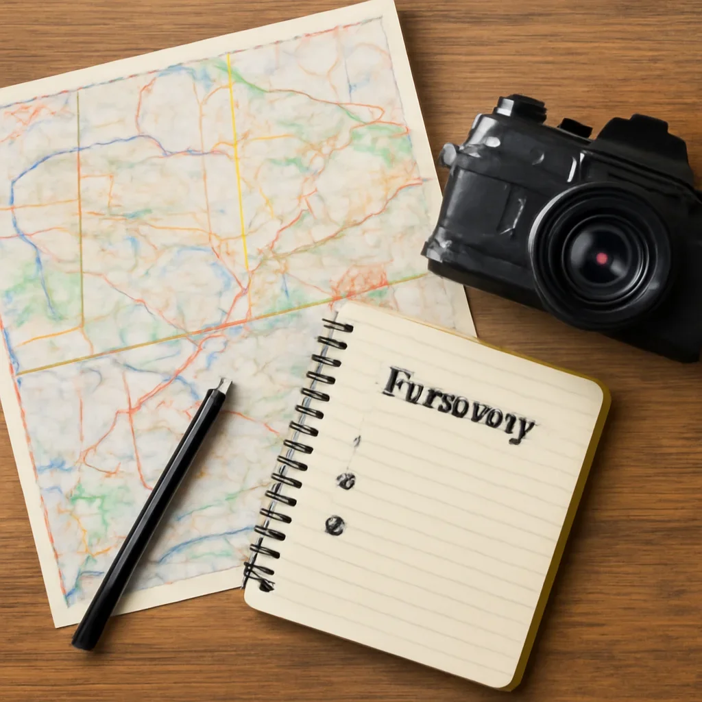 Map, camera, and local guide notes laid out for a Drumheller day trip