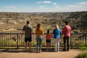 Visitors looking out over the Drumheller badlands from a scenic viewpoint